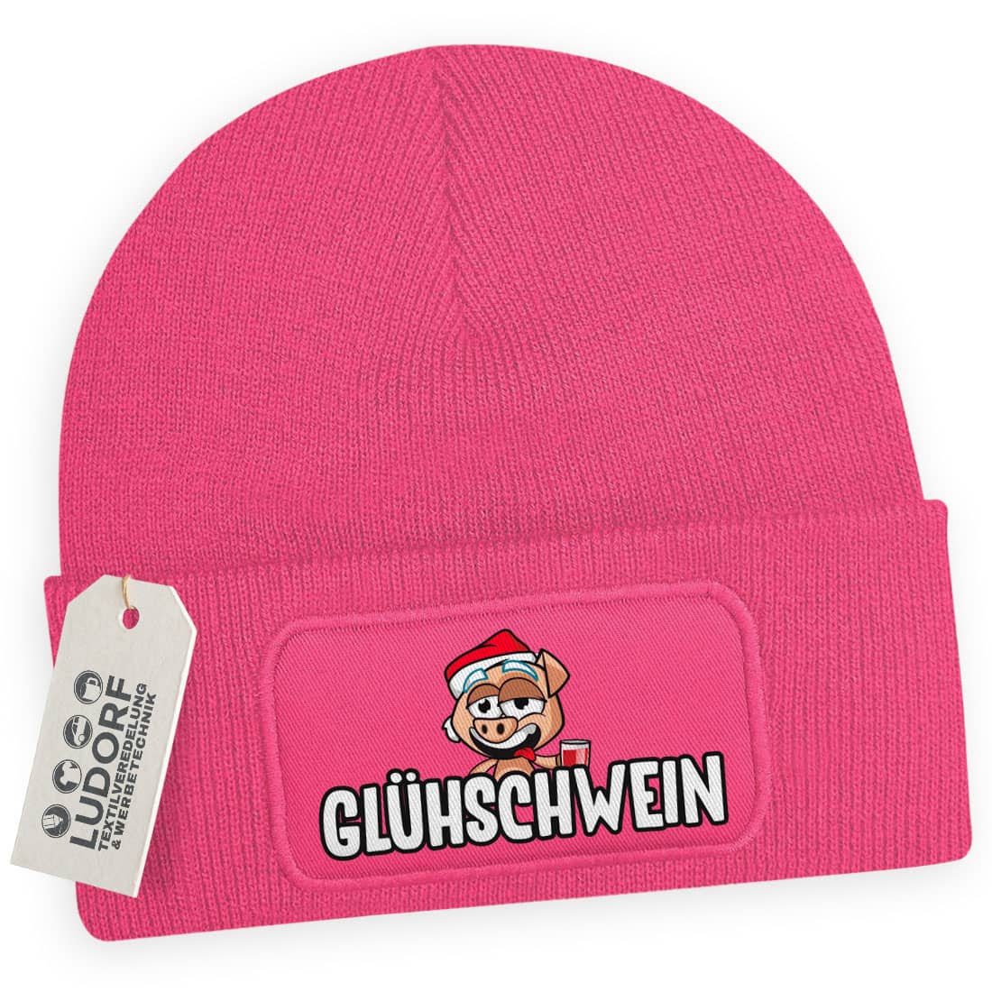 Wintermütze Glühschwein in Fuchsia – Weihnachtsmütze, festlich, personalisierbar