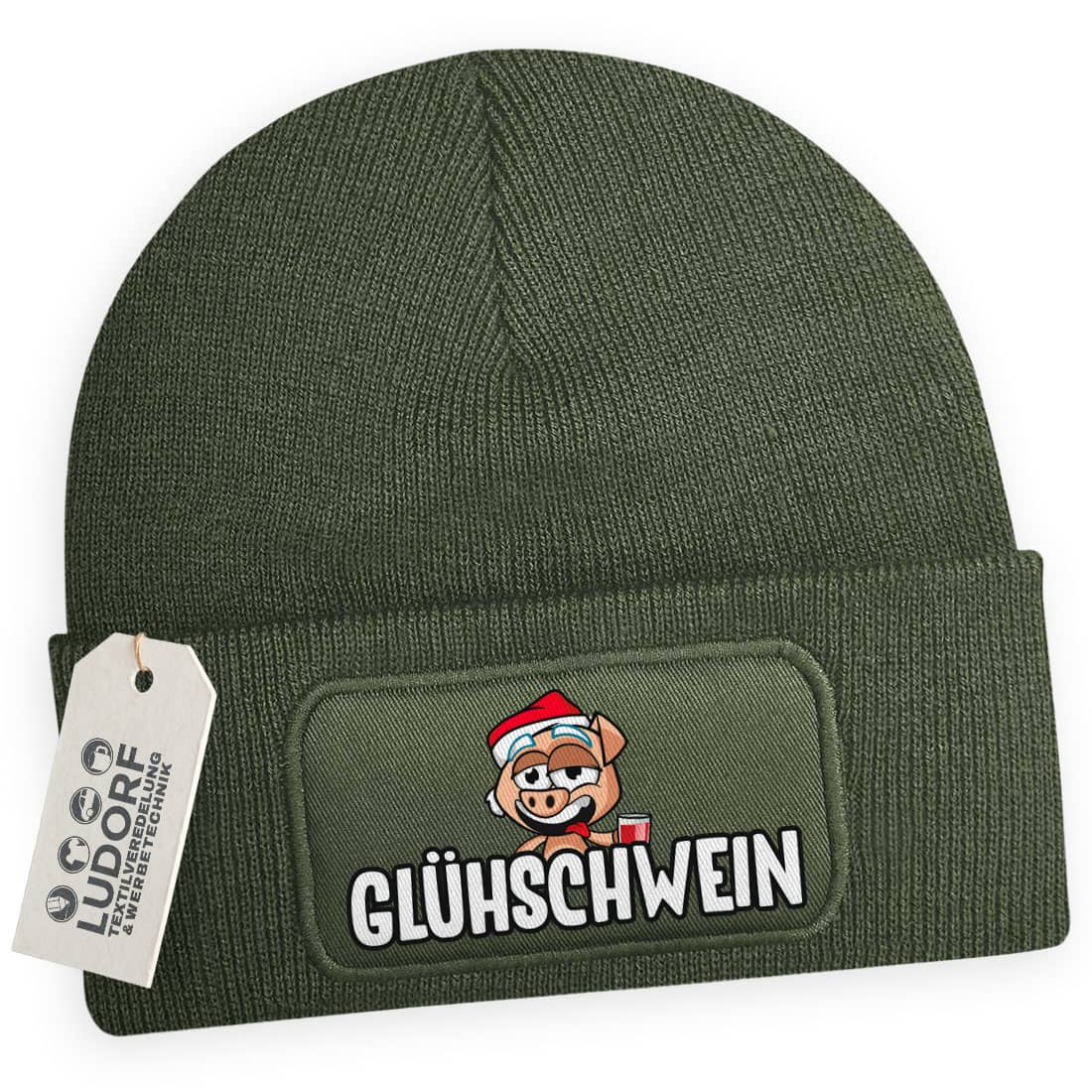 Wintermütze Glühschwein in Olivgrün – Weihnachtsmütze, festlich, personalisierbar