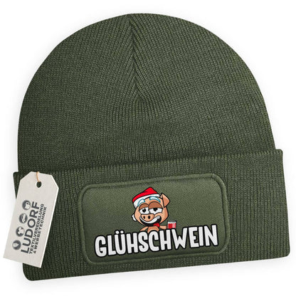 Wintermütze Glühschwein in Olivgrün – Weihnachtsmütze, festlich, personalisierbar