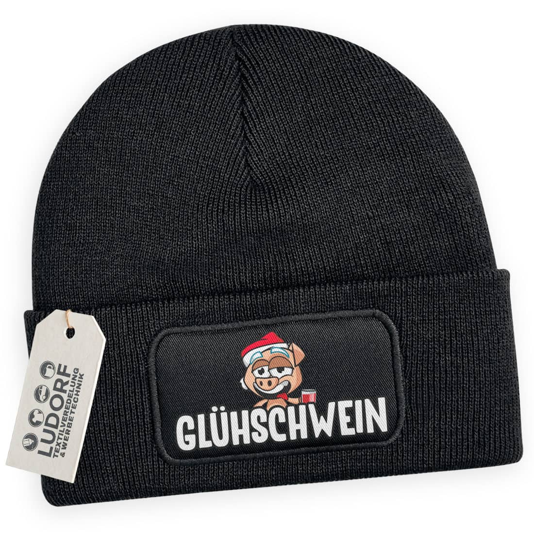 Wintermütze Glühschwein in Schwarz – Weihnachtsmütze, festlich, personalisierbar
