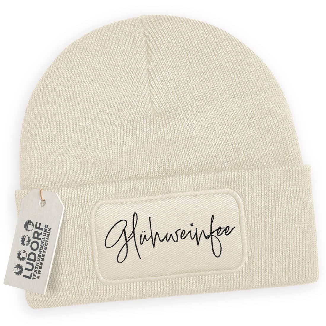 Wintermütze Glühweinfee in Beige – Weihnachtsmütze, festlich, personalisierbar