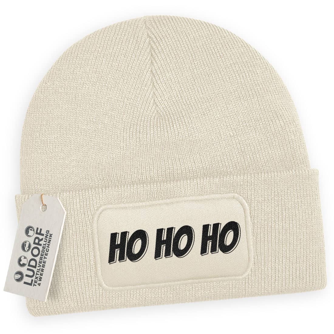 Wintermütze Ho Ho Ho in Beige – Weihnachtsmütze, festlich, personalisierbar