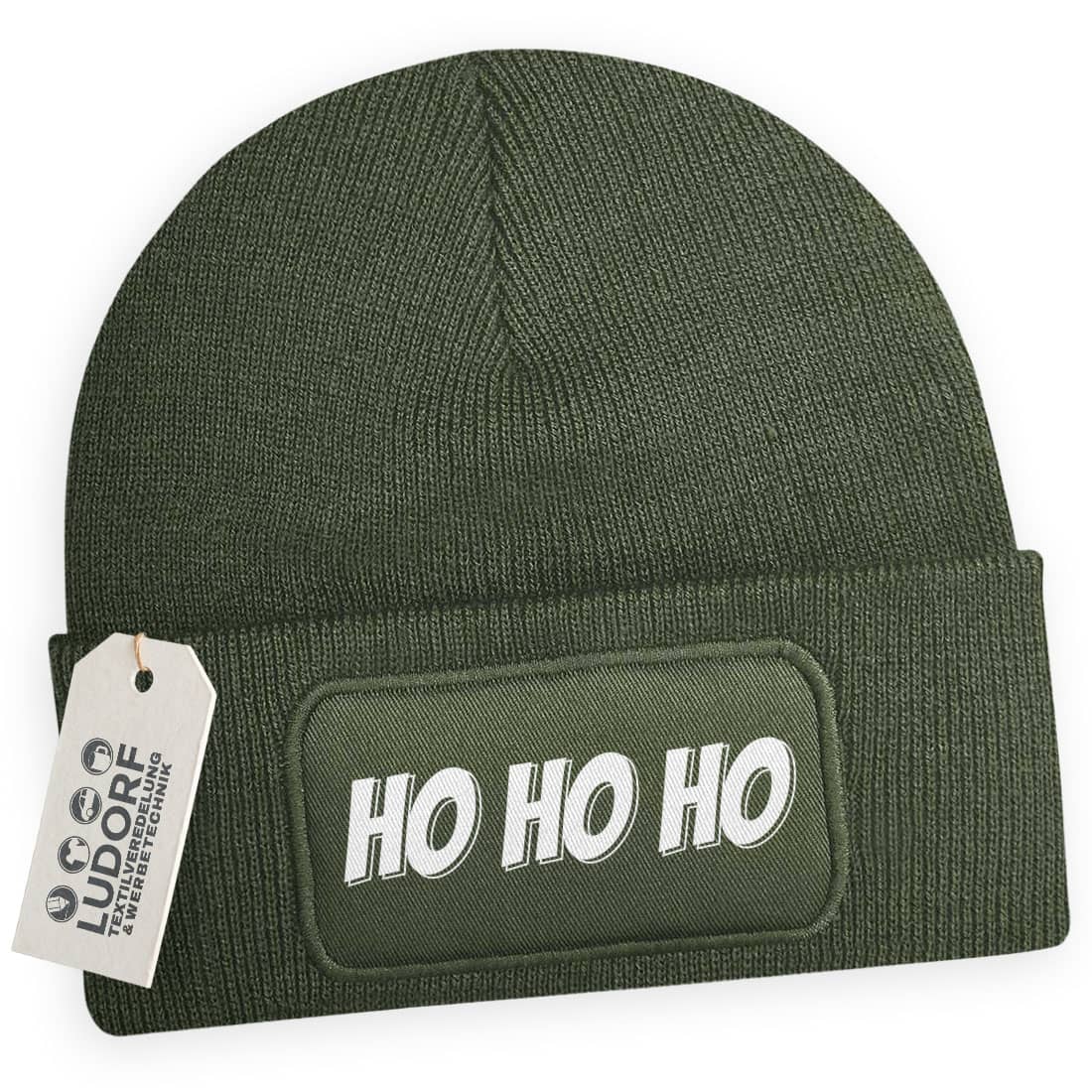 Wintermütze Ho Ho Ho in Olivgrün – Weihnachtsmütze, festlich, personalisierbar