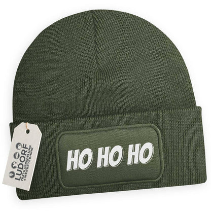 Wintermütze Ho Ho Ho in Olivgrün – Weihnachtsmütze, festlich, personalisierbar