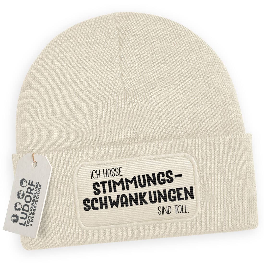 Beige Wintermütze mit Spruch ‚Ich hasse Stimmungsschwankungen – sind toll‘