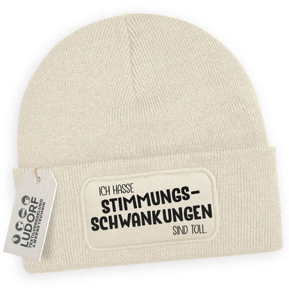 Beige Wintermütze mit Spruch ‚Ich hasse Stimmungsschwankungen – sind toll‘