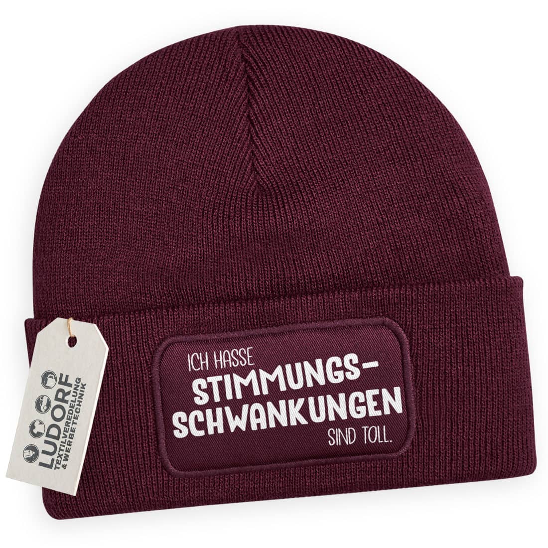 Burgundy Wintermütze mit Spruch ‚Ich hasse Stimmungsschwankungen – sind toll‘