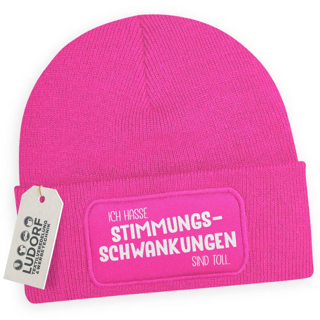 Fuchsia Wintermütze mit Spruch ‚Ich hasse Stimmungsschwankungen – sind toll‘
