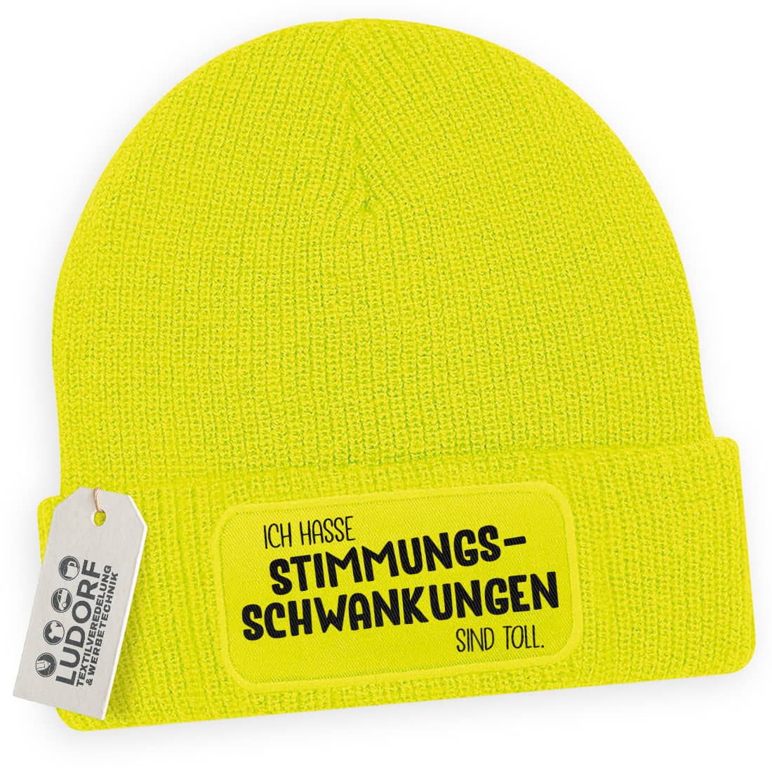 Neongelbe Wintermütze з Spruch ‚Ich hasse Stimmungsschwankungen – sind toll‘