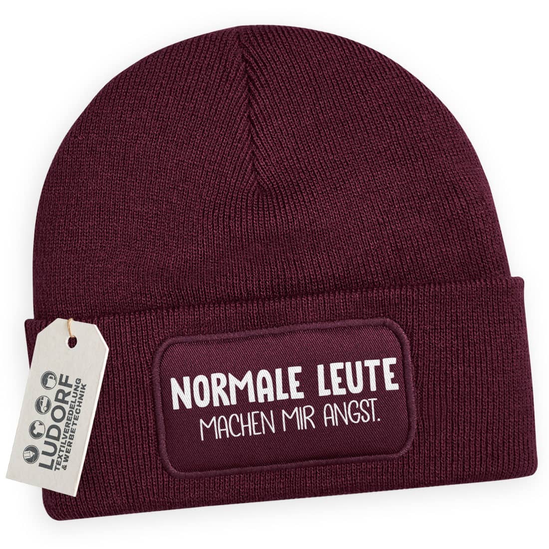 Burgundy Wintermütze mit Spruch ‚Normale Leute machen mir Angst‘