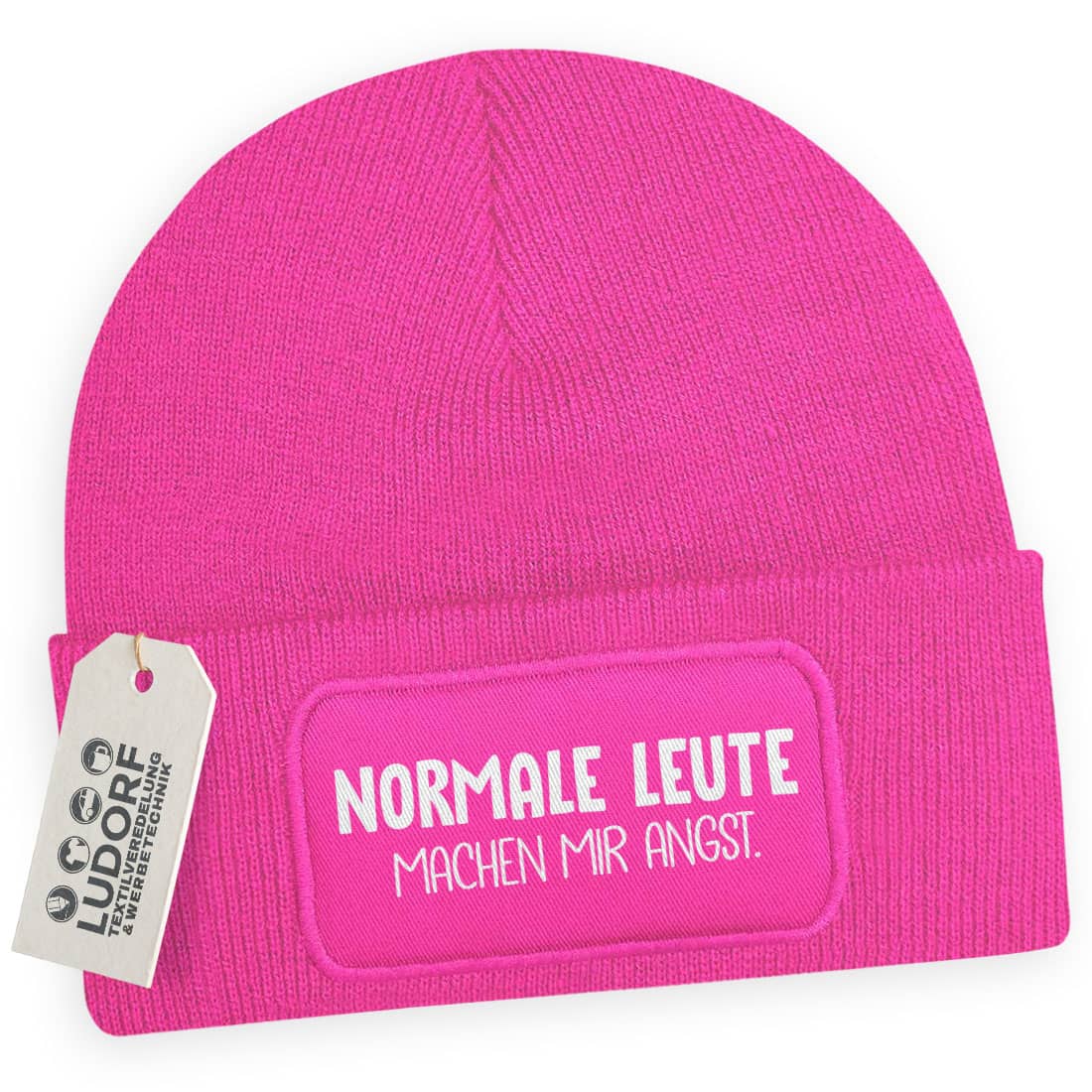 Fuchsia Wintermütze mit Spruch ‚Normale Leute machen mir Angst‘