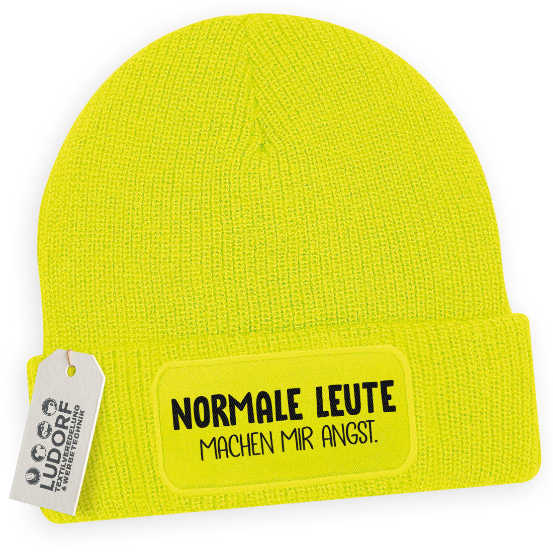 Neongelbe Wintermütze mit Spruch ‚Normale Leute machen mir Angst‘