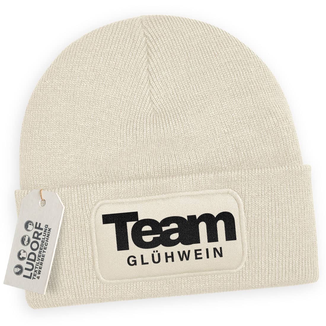 Wintermütze Team Glühwein in Beige – Weihnachtsmütze, festlich, personalisierbar