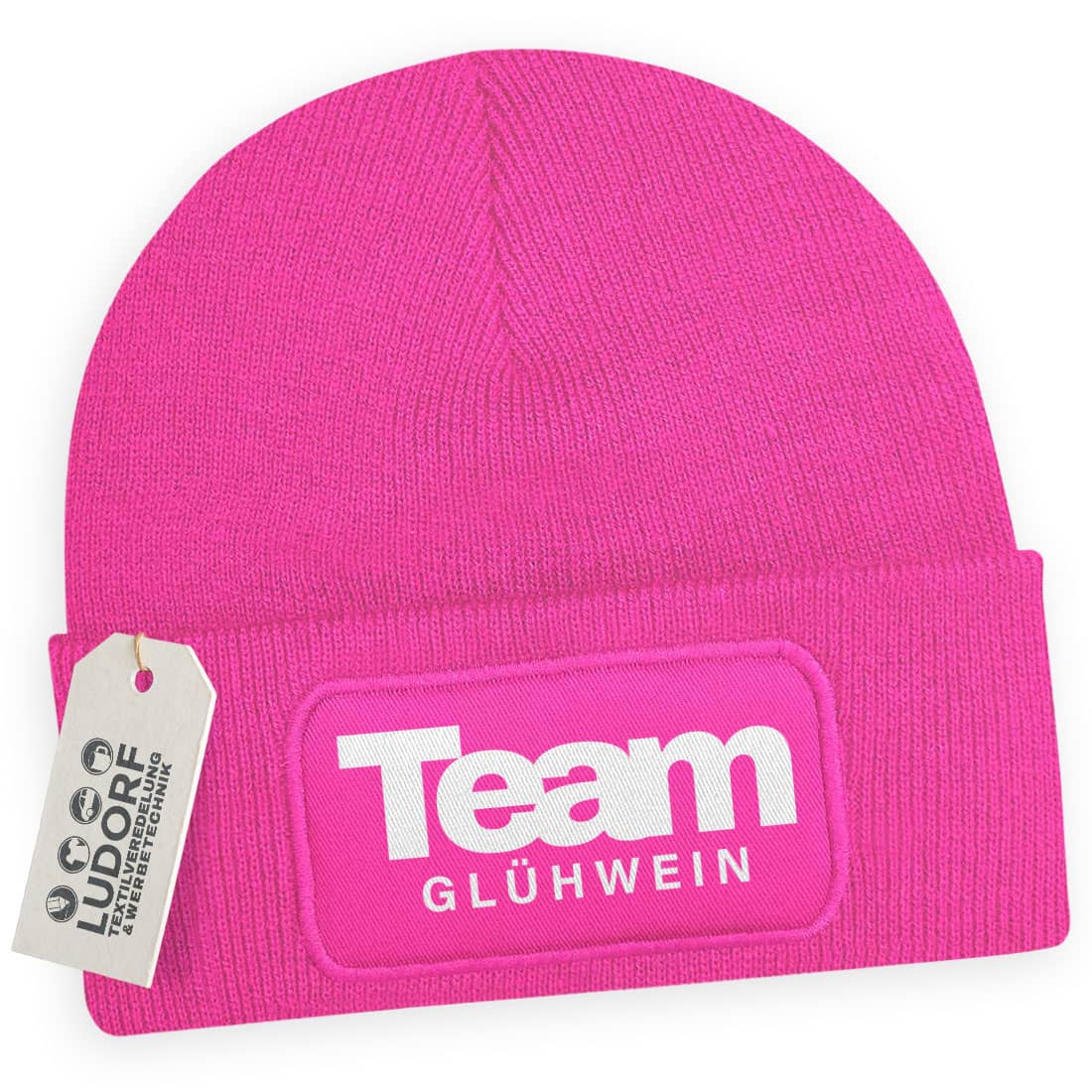 Wintermütze Team Glühwein in Fuchsia – Weihnachtsmütze, festlich, personalisierbar