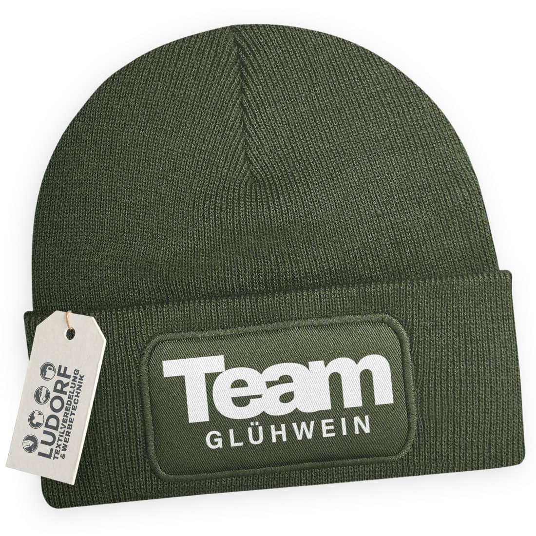 Wintermütze Team Glühwein in Olivgrün – Weihnachtsmütze, festlich, personalisierbar