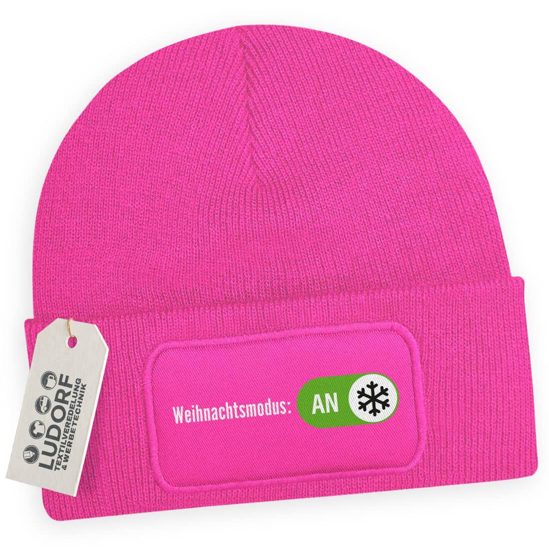 Wintermütze Weihnachtsmodus-AN in Fuchsia – Weihnachtsmütze, festlich, personalisierbar