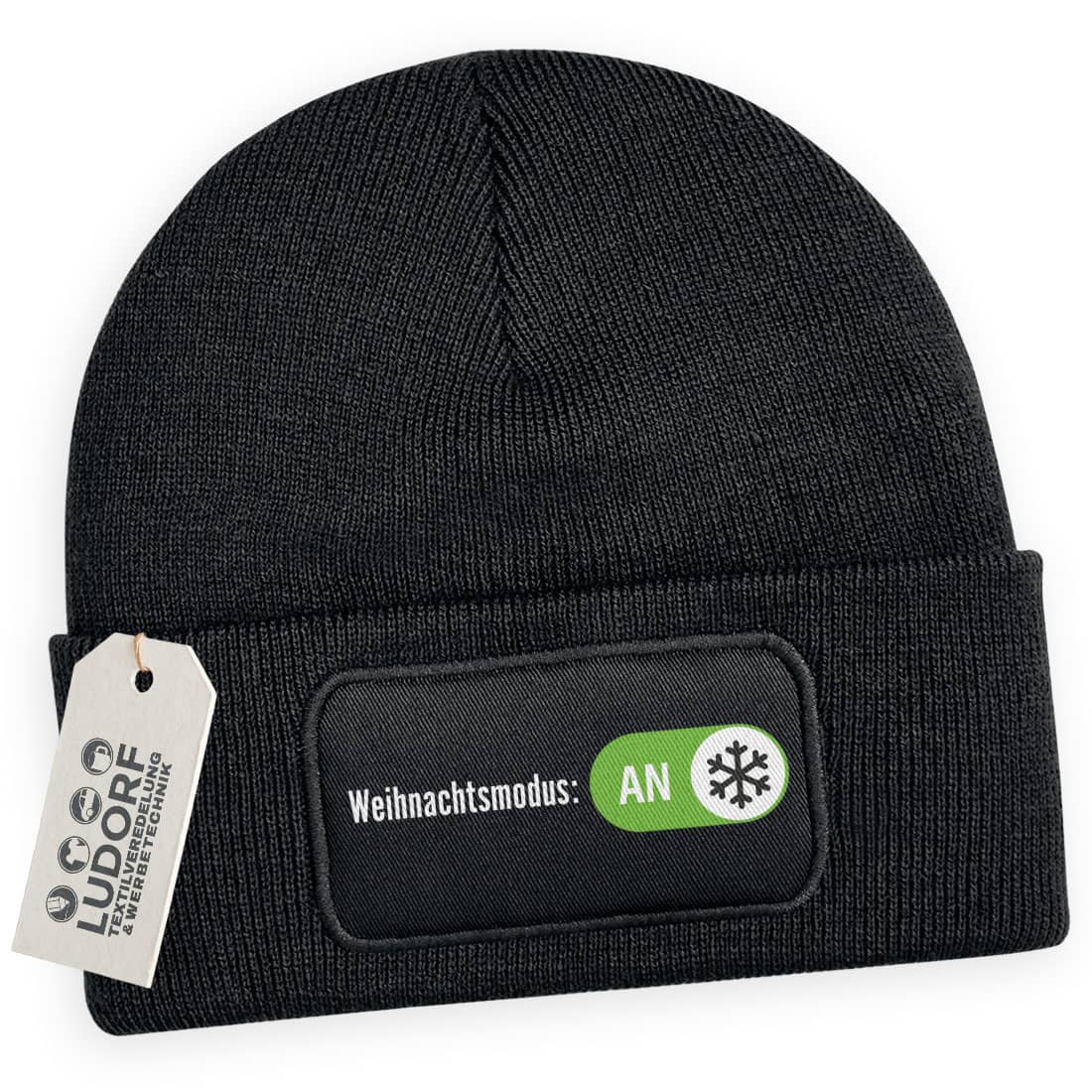 Wintermütze Weihnachtsmodus-AN in Schwarz – Weihnachtsmütze, festlich, personalisierbar