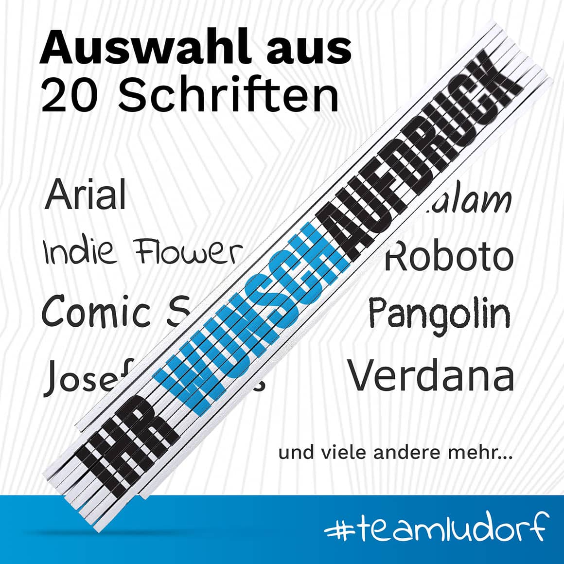Auswahl von 20 Schriftarten für den personalisierten Aufdruck auf dem Zollstock