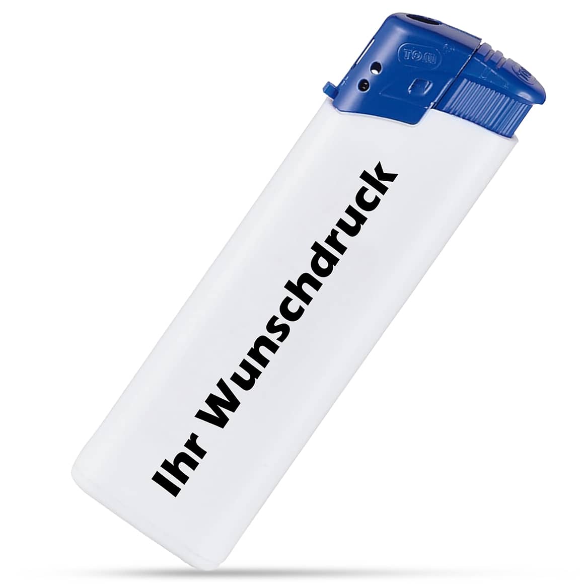 Zweifarbiges Feuerzeug mit weißer Basis und blauem Oberteil – bedruckbar mit Ihrem Logo oder Text