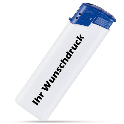 Zweifarbiges Feuerzeug mit weißer Basis und blauem Oberteil – bedruckbar mit Ihrem Logo oder Text