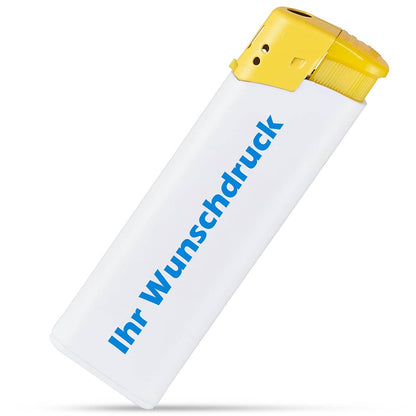 Zweifarbiges Feuerzeug mit weißer Basis und gelbem Oberteil – inklusive individueller Bedruckung