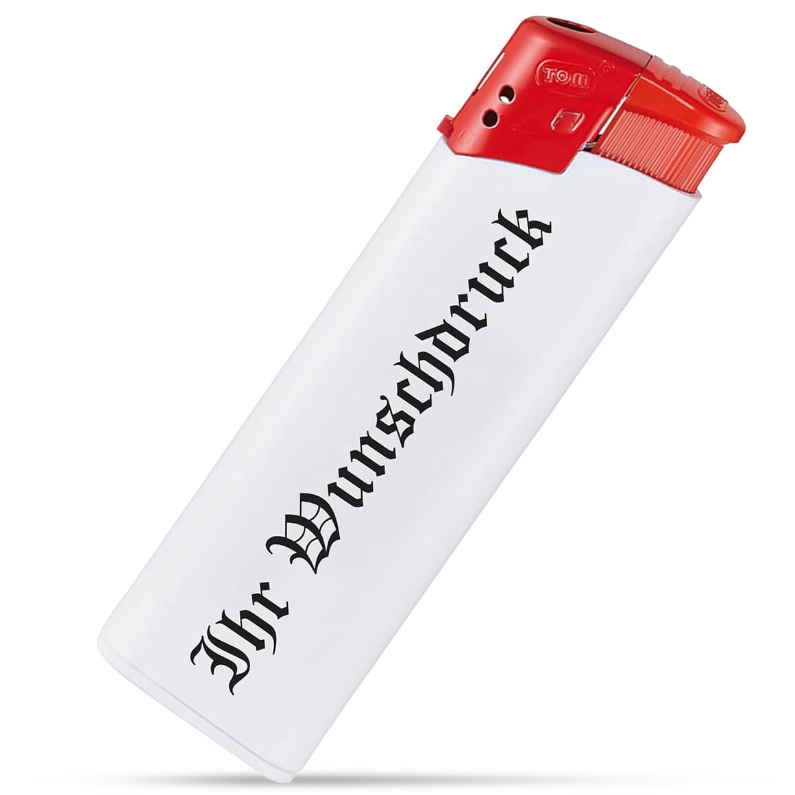 Zweifarbiges Feuerzeug mit weißer Basis und rotem Oberteil – ideal für Werbedruck oder Geschenk