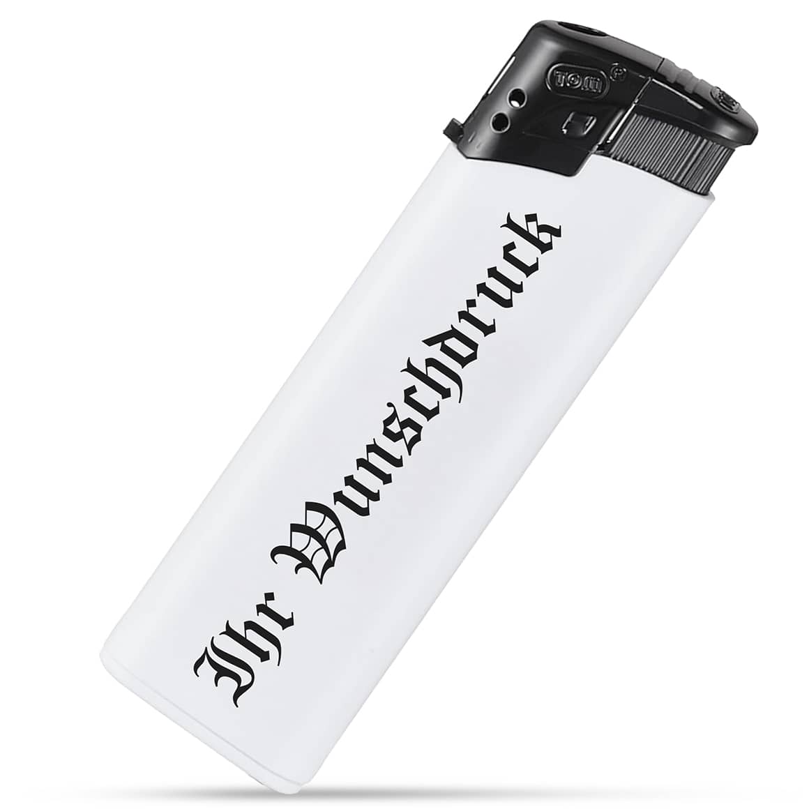 Zweifarbiges Feuerzeug mit weißer Basis und schwarzem Oberteil – personalisierbar mit Wunschdruck