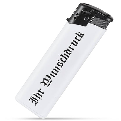 Zweifarbiges Feuerzeug mit weißer Basis und schwarzem Oberteil – personalisierbar mit Wunschdruck